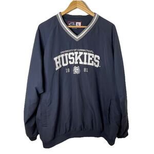 VTG Cadre UCONN Huskies Blue V-Nexk Windbreaker Men’s XL ~ NCAA Embroidered